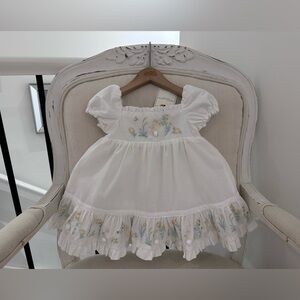🤍 6~9 Mth White 100% Cotton Floral Embroidered Spring Bunny Baby Dress NWT